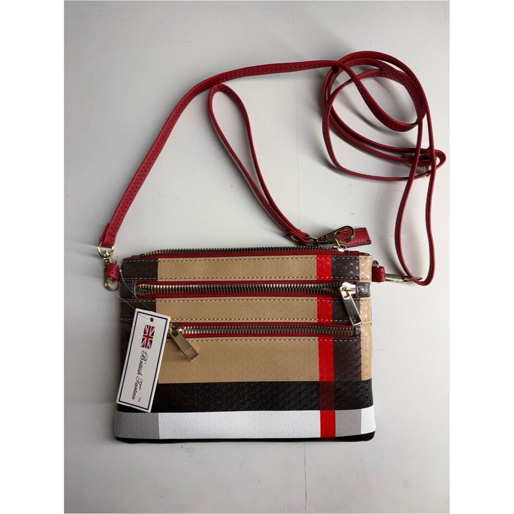 NWT British Tartan Plaid Multi-Zipper Crossbody Bag Purse Red Strap